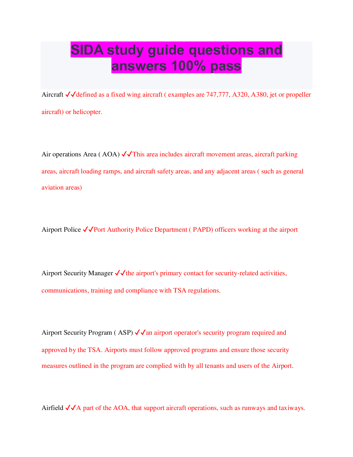Preview of SIDA study guide questions and answers 100% pass